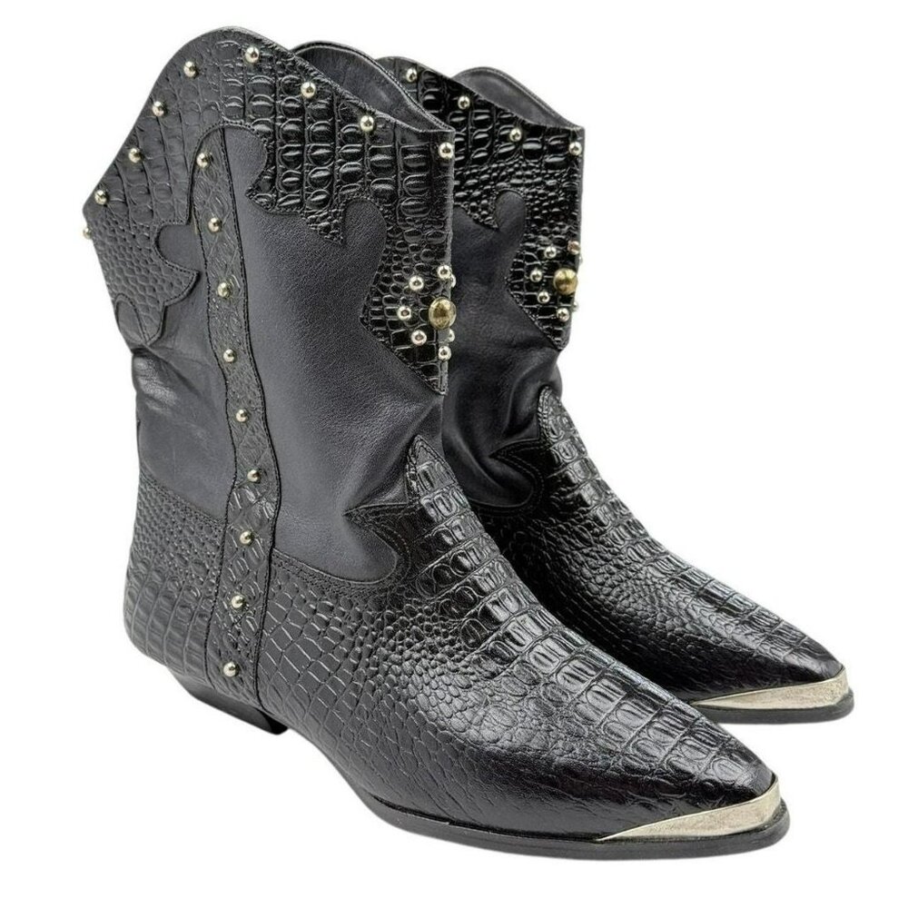 Vintage Black Croc Embossed Western Boots Studded Cowboy Women’s 7 Sutton Plaza
